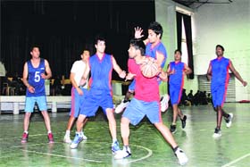A match in progress during the 4th Uttarakhand State Basketball Championship in Dehradun on Tuesday