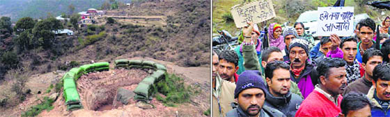 (Left) An Army bunker close to houses at Chandmari village near Dharamsala; (right) Residents stage a dharna near the Terra Lines on Tuesday.