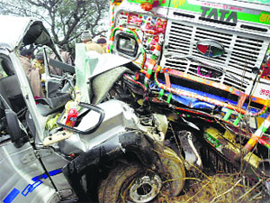 The damaged truck and maxi cab after collision near Loharu in Bhiwani on Tuesday