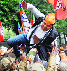 Delhi BJP Yuva Morcha president Gaurav Khari during a protest against Law Minister Somnath Bharti in New Delhi on Tuesday.
