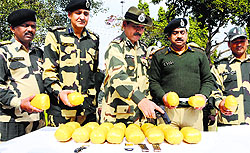 BSF officials with the seized contraband in Tarn Taran on Tuesday