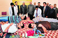 A blood donation camp in progress at Panjab University on Wednesday