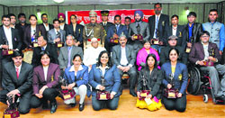 Recipients of Bhim Awards at Haryana Raj Bhawan in Chandigarh on Wednesday. Tribune photo: Manoj Mahajan