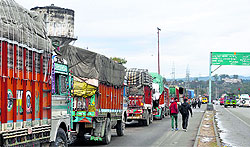 Trucks stranded at the national highway near Narwal in Jammu