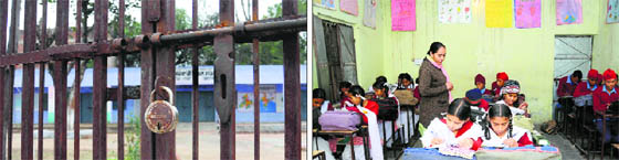 A lock on the gates of Government Middle School in Todar Majri village in Mohali; (right) a teacher, who has been shifted from Todar Majri school, teaching at the Majatri village school. 
