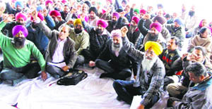 Members of the Revenue Staff Union and the Patwar Union hold a dharna in Fatehgarh Sahib. 