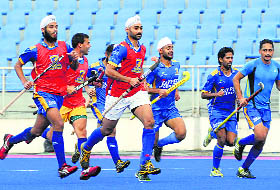 Sandeep Singh (third from left ) with his teammates at a Punjab Warriors practice session in Mohali. 