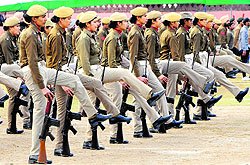 A woman contingent of the Punjab Police during a rehearsal for the Republic Day parade at the Guru Nanak Stadium in Amritsar on Thursday