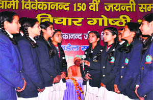 Students at Shiv Dale School during the 105th birth anniversary celebrations of Swami Vivekananda in Haridwar on Thursday.