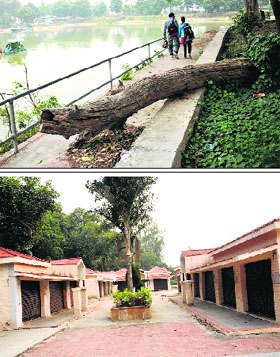 The Karna Lake resort in a state of neglect; and (below) closed craft bazaar shops at the Oasis complex in Karnal. 