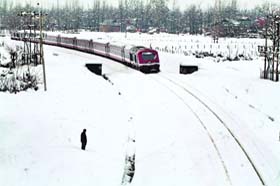 A train runs on the snow-covered track in Anantnag district on Thursday