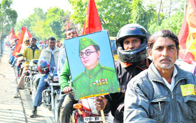 Residents take out a shobha yatra to celebrate the 117th birth anniversary of Subhas Chandra Bose in Ludhiana on Thursday.