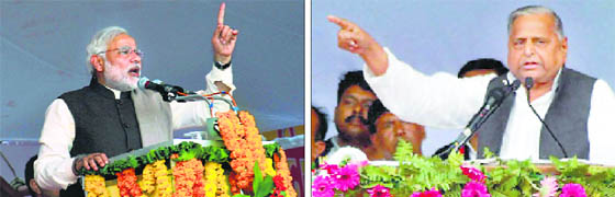 BJP prime ministerial candidate Narendra Modi at an election rally in Gorakhpur, Uttar Pradesh, on Thursday; and (right) Samajwadi Party supremo Mulayam Singh Yadav at a rally in Varanasi on Thursday. 