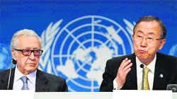 UN Secretary-General Ban Ki-Moon (R) and UN-Arab League envoy for Syria Lakhdar Brahimi at a press conference closing the Geneva II peace talks in Montreux.   AFP