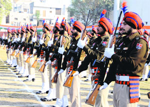 Punjab Police personnel rehearse for the Republic Day parade at Guru Nanak Stadium in Amritsar on Friday.