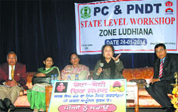 Dr Jatinder Kaur, Director, Health and Family Welfare, Punjab, speaks on the PCPNDT Act at a state-level workshop in Ludhiana on Friday. A Tribune Photograph