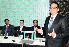 Dr Ashish Vashishtha addresses mediapersons after the launch of bariatric surgery facility at the Max Hospital in Bathinda on Saturday