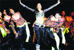 Nargis Fakhri performs during the opening ceremony of the HIL;  at the hockey stadium in Phase IX, Mohali, on Saturday. Tribune photos: Vicky Gharu