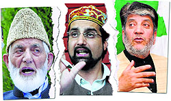Hardliner Syed Ali Shah Geelani (L) earlier broke away to form the Hurriyat (G), giving a jolt to moderate Mirwaiz Umar Farooq (centre). Shabbir Shah is the latest one to walk away from the amalgam