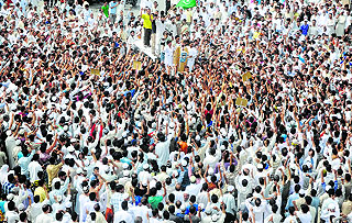 Mirwaiz Umar Farooq, chairman of the moderate faction of the Hurriyat, leads a protest rally against the alleged killing of innocent people in Srinagar