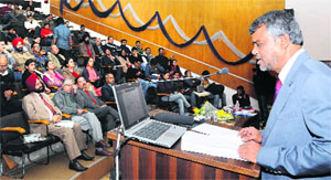 Dr VG Sekaran delivers a colloquium on Aerospace technologies and applications: Present and future, at Panjab University in Chandigarh on Monday.