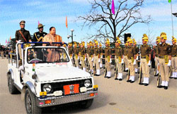 Governor Urmila Singh inspects the Republic Day parade on The Ridge in Shimla on Sunday. 
