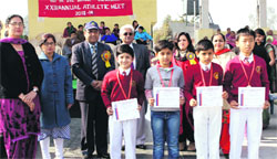 DIG, BSF, JP Uniyal and principal BB Chauhan during the prize distribution ceremony on the closing day of the annual athletics meet of BSF Senior Secondary School in Jalandhar. A Tribune photograph 