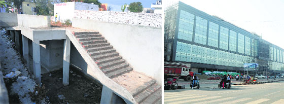 The pedestrian underpass near Aggar nagar still lying unused; and (right) commuters pass through the road violating traffic rules on Ferozepur road in Ludhiana.