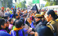 Teachers were taking out a silent protest march when the police arrested them under Section 107-151 of the CrPC (apprehension of breach of peace and tranquility) on Sunday. Photo: Inderjeet Verma