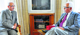 Vice Chancellor of the Sher-e-Kashmir University of Agricultural Sciences and Technologies (Kashmir) Tej Pratap with Governor NN Vohra at Raj Bhawan in Jammu on Tuesday.
