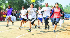 Students take part in a race during the 71st Annual Athletics Meet of the Government College for Girls in Ludhiana on Tuesday.