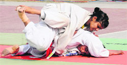 Players in action during the Chandigarh State Senior Judo Championship in Chandigarh on Wednesday. Tribune photo