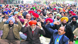 Teachers protest in front of the DPI's office at Phase VIII in Mohali on Wednesday. A Tribune photograph