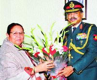 GOC, Western Command, Lt Gen Philip Campose, with Governor Urmila Singh in Shimla on Monday.