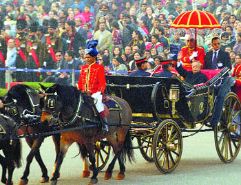 President Pranab Mukherjee arrives to attend the Beating Retreat at Vijay Chowk in New Delhi on Wednesday.