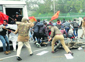 ABVP activists being cane charged after they tried to gherao the Vidhan Bhawan in Lucknow on Wednesday in support of their demands. 