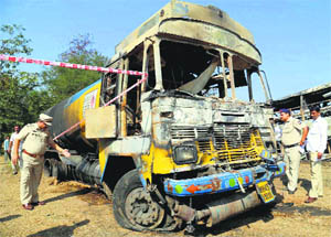 The tanker that collided with a bus at Palghar, Thane, in Mumbai on Wednesday. 