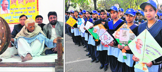 An elderly woman works on a spinning wheel at Gandhi Smarak Bhawan in Sector 16; and (right) children spread the message of harmony at Sector 19 in Chandigarh on Thursday.