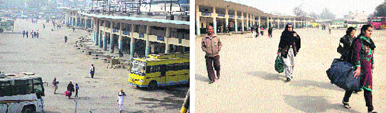 The inter-state bus stand wears a deserted look as Punjab Roadways staff observed a strike in Jalandhar on Thursday; and (below) passengers walk about carrying their luggage, looking for a bus at the bus stand. Photos: Sarabjit Singh
