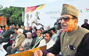  JKPCC chief Saifuddin Soz addresses a gathering on the occasion of the death anniversary of Mahatma Gandhi in Jammu on Thursday.