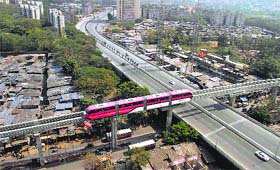Monorail during a test run in Mumbai on Thursday. The countrys first Monorail service will be inaugurated on February 1 by Maharashtra CM Prithviraj Chavan and the commercial operations will begin from February 2