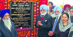The foundation stone of Khalsa medical college being laid by Satyajit Singh Majithia of Khalsa College Governing Council on the Khalsa College premises in Amritsar on Friday
