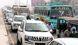 A traffic jam near the court complex following a protest by workers of the Youth Akali Dal in Amritsar on Friday