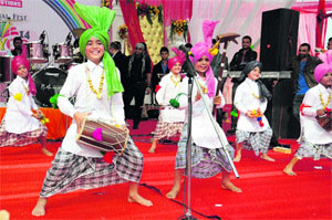 School students perform bhangra during the annual festival Vibgyor-14 at the Baba Farid Group of Institutions in Bathinda on Friday.