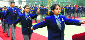 Students take part in an investiture ceremony at Vivek High School, Sector 70, in Mohali on Friday.