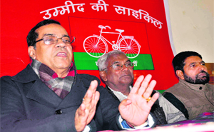 State in charge of Samajwadi Party Kiran Nanda (left) during a party executive working committee meeting in Haridwar on Friday.