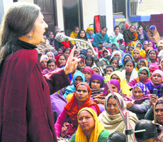 CPM leader Brinda Karat addresses a womens convention in Hisar on Friday.