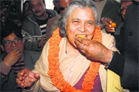 Newly elected Rajya Sabha member Viplove Thakur greeted by party workers at the Vidhan Sabha complex in Shimla on Friday.