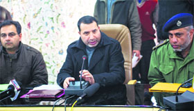 District Development Commissioner Farooq Ahmad Shah addresses a press conference at the DDC Office in Srinagar on Friday.