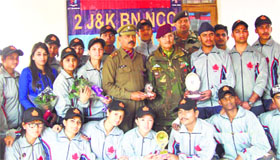 J&K NCC cadets pose with the trophy which they won at the National Integration Camp in Delhi.